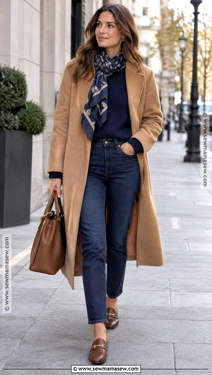Camel Coat And Navy Knit Autumn Outfit - 25 autumn color outfits
