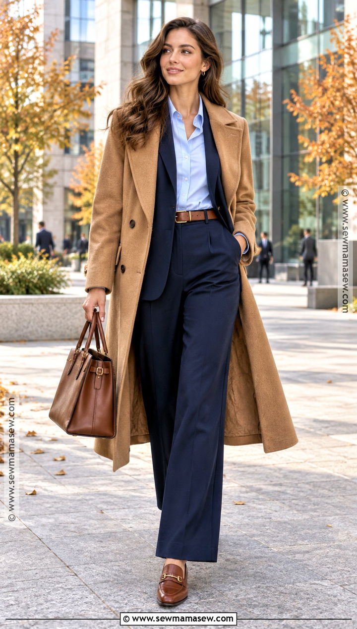 Camel Coat And Navy Suit Office Outfit - 25 autumn office outfit ideas