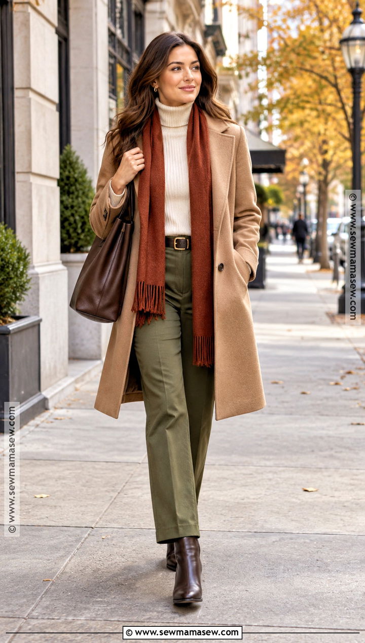 Camel Coat And Olive Pants Outfit - 15 Warm Fall Color Palette Clothes