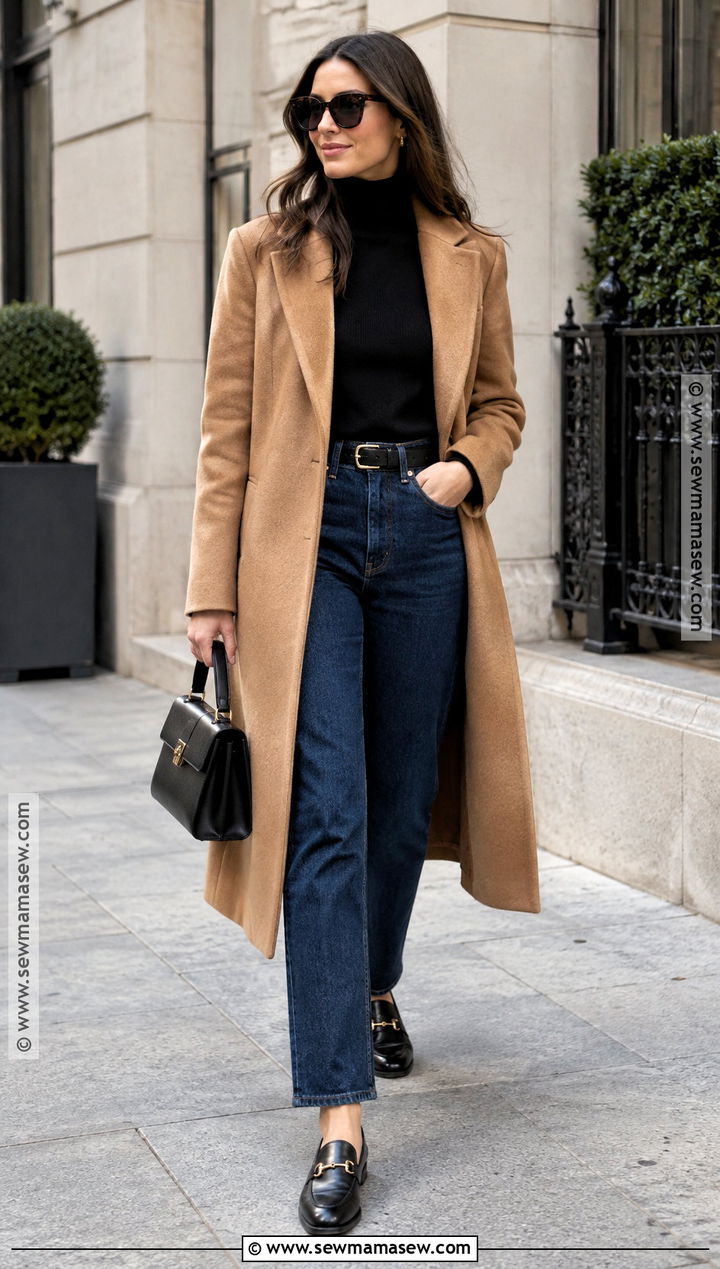 Camel Coat And Straight Leg Jeans Fall Outfit - 15 rich girl fall outfits