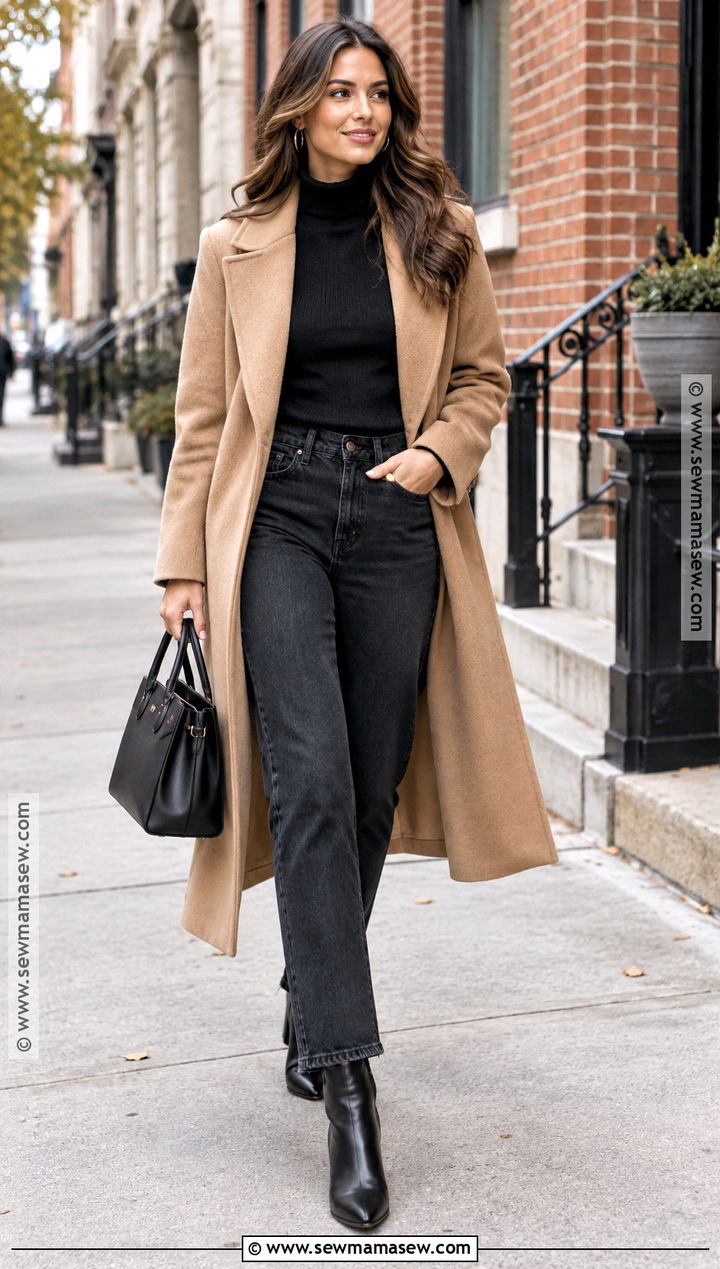 Camel Coat And Straight Leg Jeans Fall Photoshoot Outfit - 20 Fall Outfits For Photoshoot