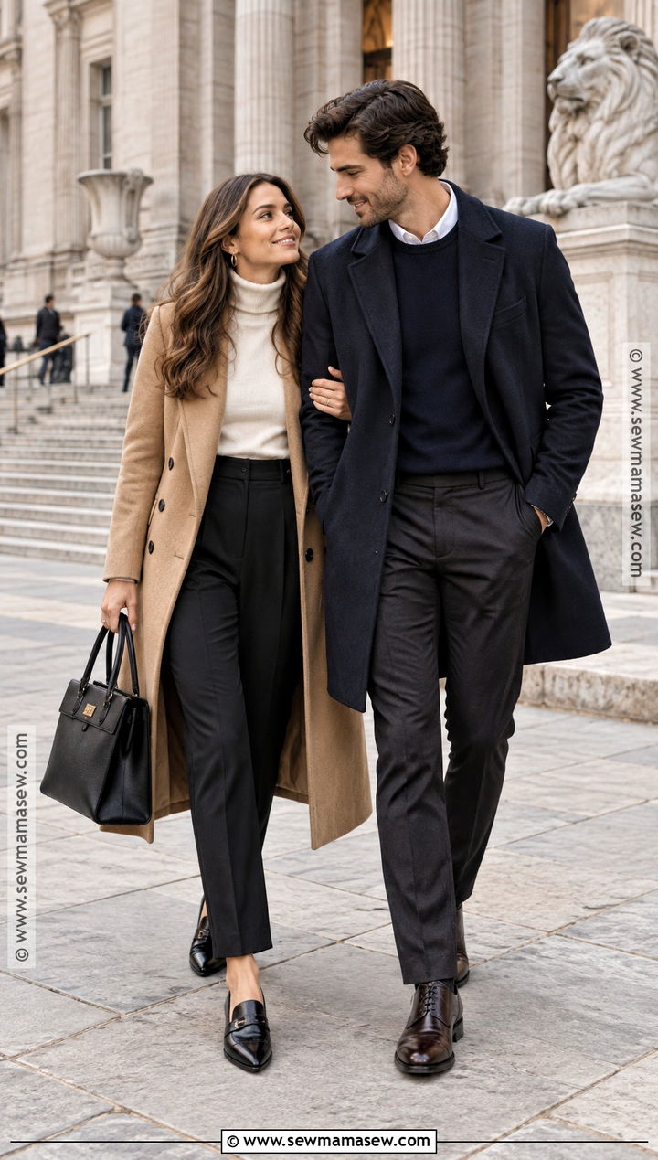 Camel Coat And Tailored Trousers Engagement Outfit - 20 engagement photos fall outfit ideas