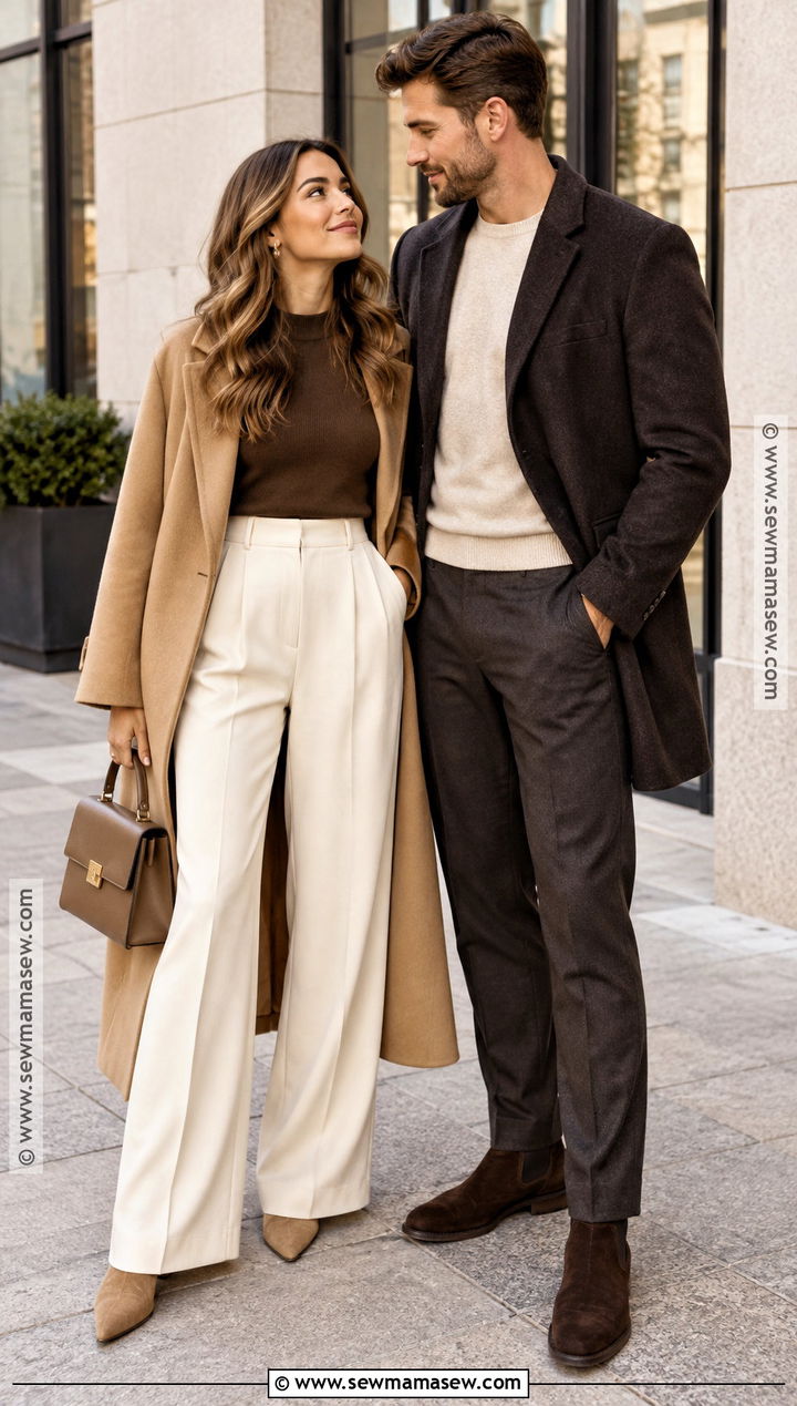 Camel Coat And Wide Leg Trousers Fall Engagement Photoshoot Outfit - 15 engament photoshoot outfit fall ideas