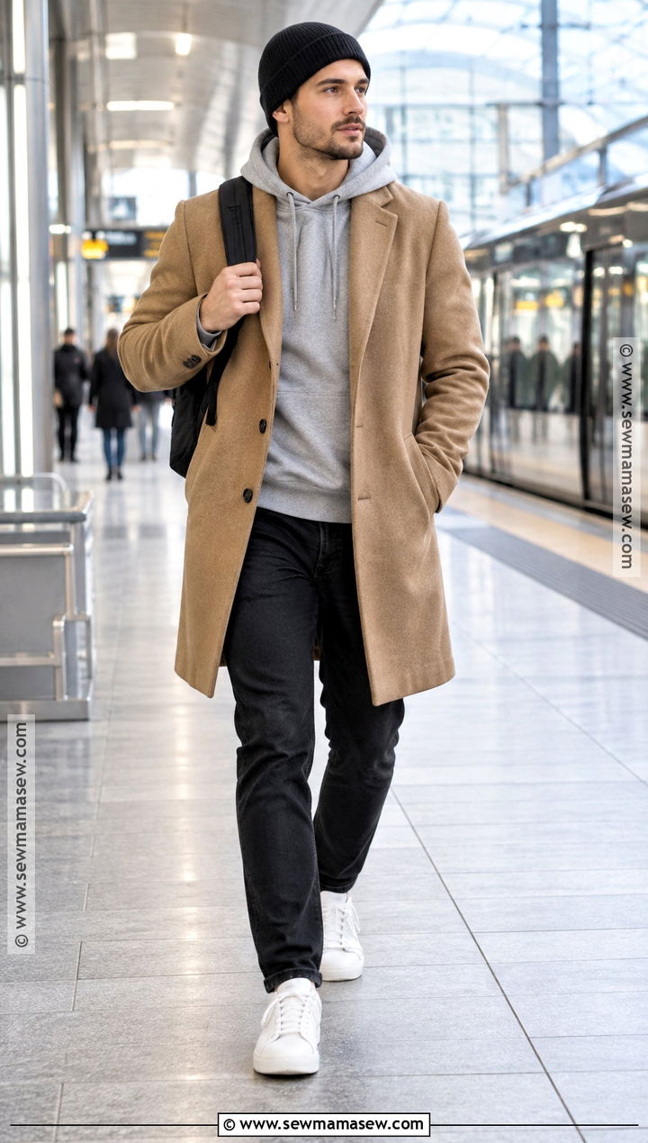 Camel Coat Autumn Outfit With Hoodie - 25 autumn outfits men casual