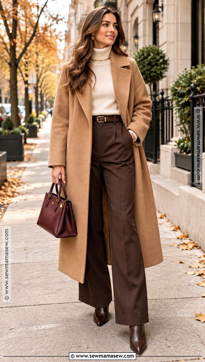 Camel Coat Autumn Outfit With Wide Leg Trousers - 25 autumn and winter outfits