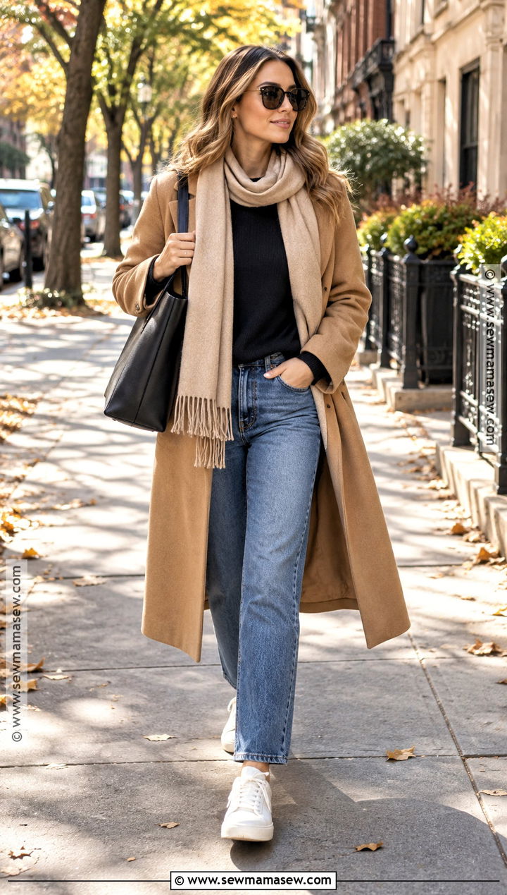 Camel Coat Black Sweater Jeans And Sneakers Fall Capsule Outfit - 25 fall capsule wardrobe ideas