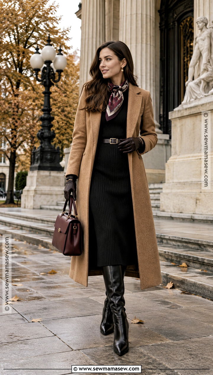 Camel Coat Fall Outfit With A Black Midi Dress - 15 fall outfit collage with accessories