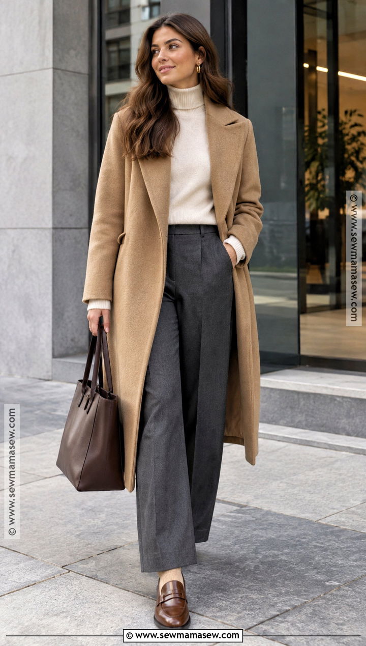 Camel Coat Mock Neck Trousers and Loafers - 20 cold fall day outfit ideas