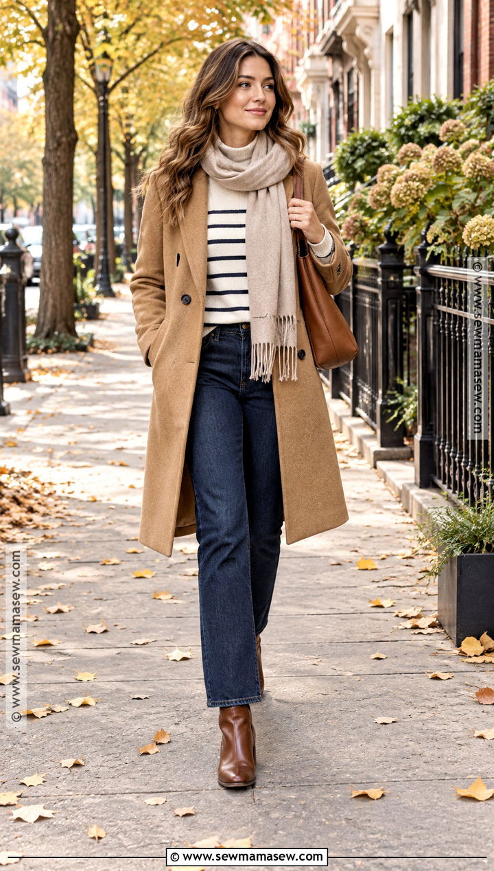 Camel Coat Sweater And Straight Jeans Outfit - 20 Smart Casual Autumn Outfit Ideas for Women
