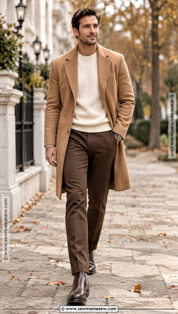 Camel Coat With A Cream Knit - 15 fall family photo outfits for men