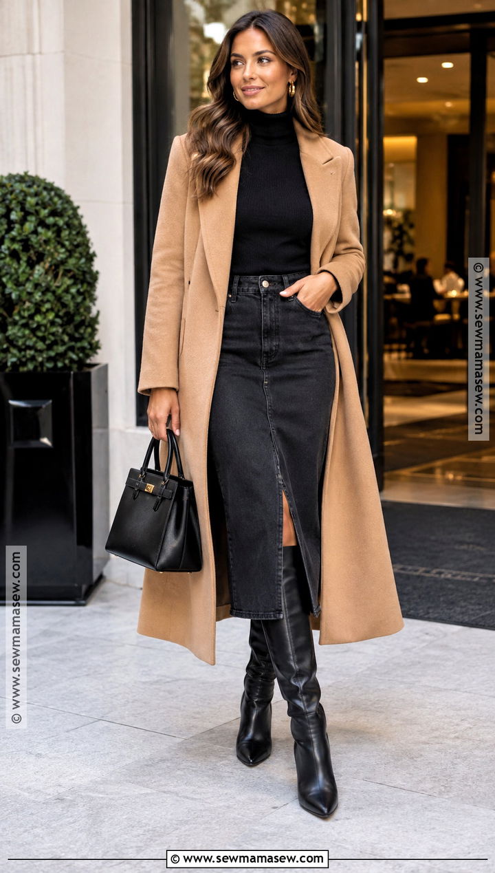 Camel Coat With Black Jean Skirt And Turtleneck - 20 thanksgiving outfit jean skirt ideas