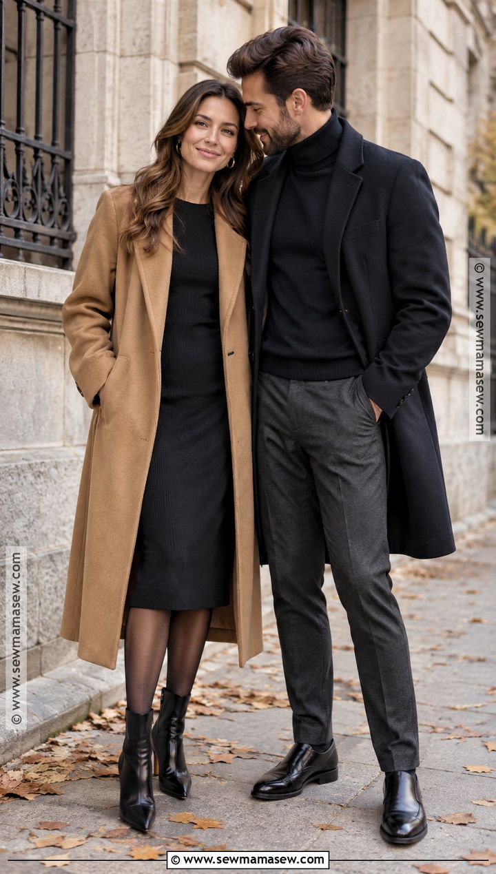 Camel Coat With Black Midi Dress - 15 engagement photos outfits autumn