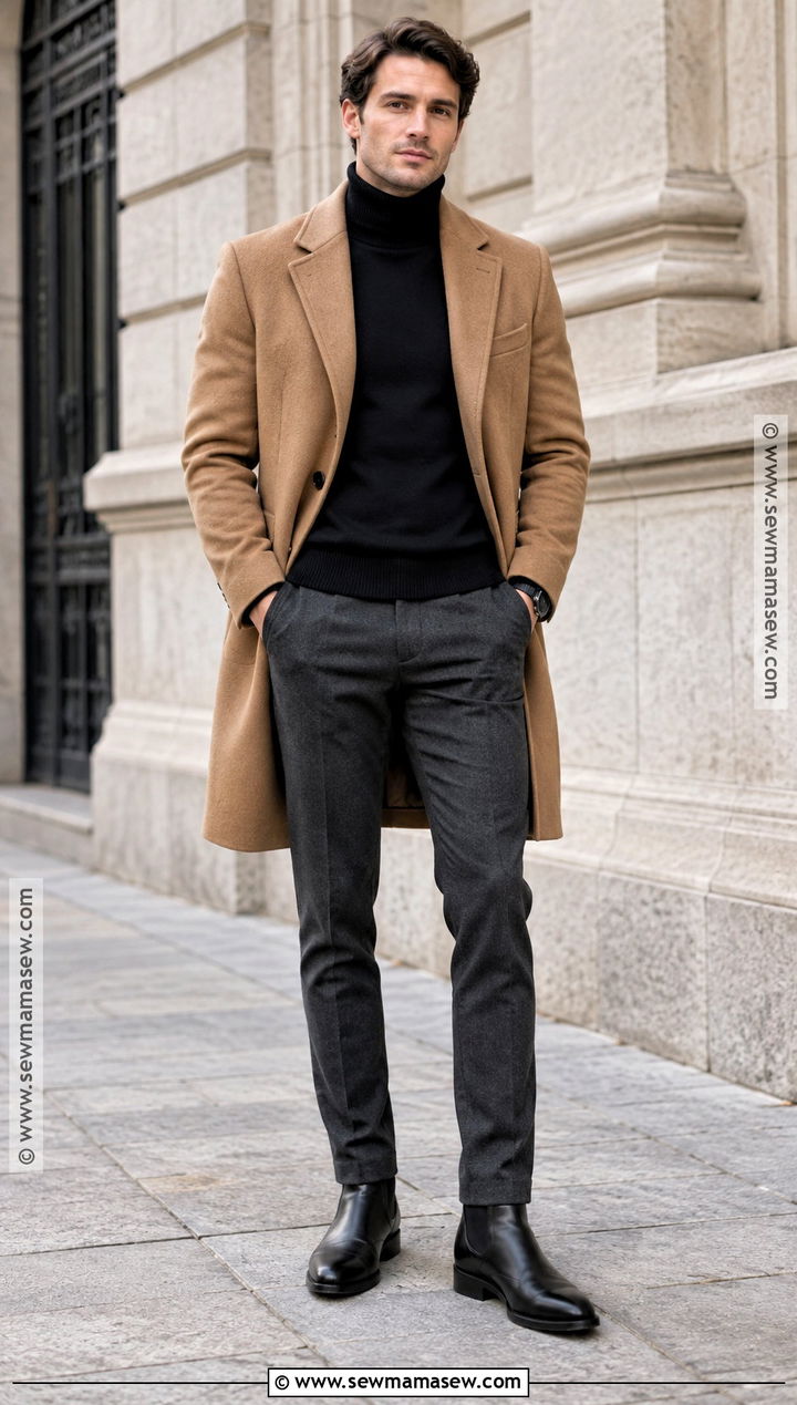 Camel Coat With Black Turtleneck - 15 fall photoshoot men outfits