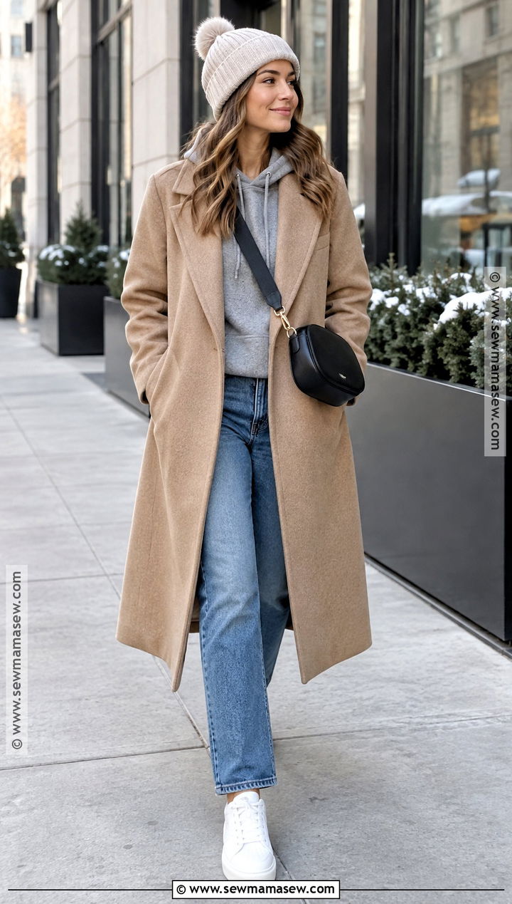 Camel Coat With Hoodie and Jeans Winter Capsule Outfit - 25 fall winter capsule wardrobe ideas