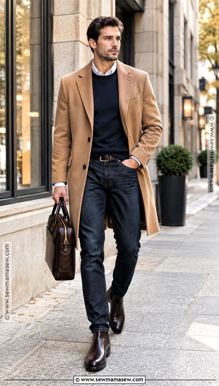 Camel Coat With Sweater And Dark Jeans - 15 Mens Smart Casual Outfits Autumn