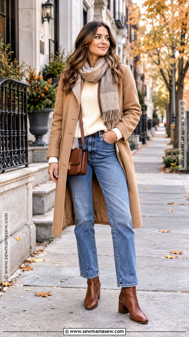 Camel Coat With Sweater And Straight Leg Jeans - 20 capsule wardrobe fall winter ideas