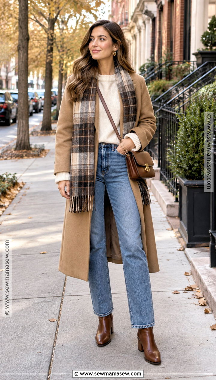 Camel Coat With Sweater And Straight Leg Jeans - 15 Warm November Outfits
