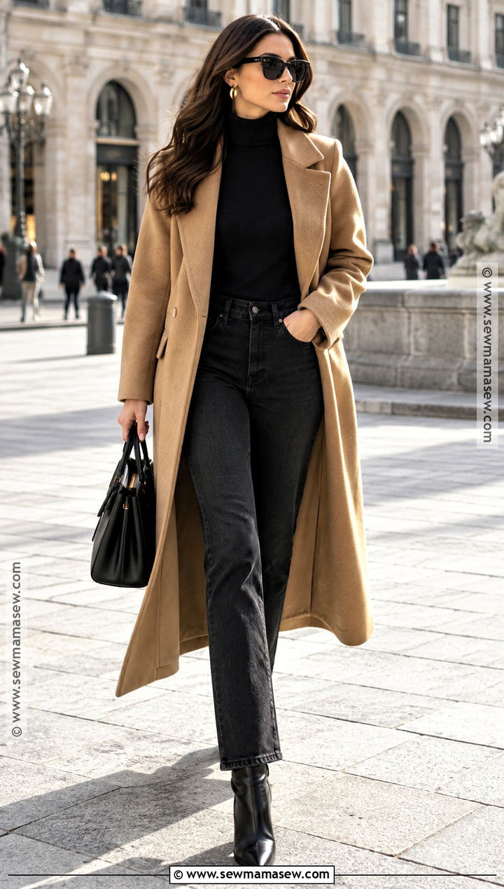 Camel Coat and All Black Fall Outfit - 25 Fall Outfit Inspo Ideas 2026