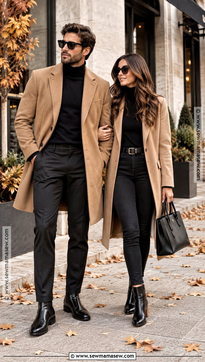Camel Coat and Black Basics Fall Couples Outfit - 20 fall couples outfits