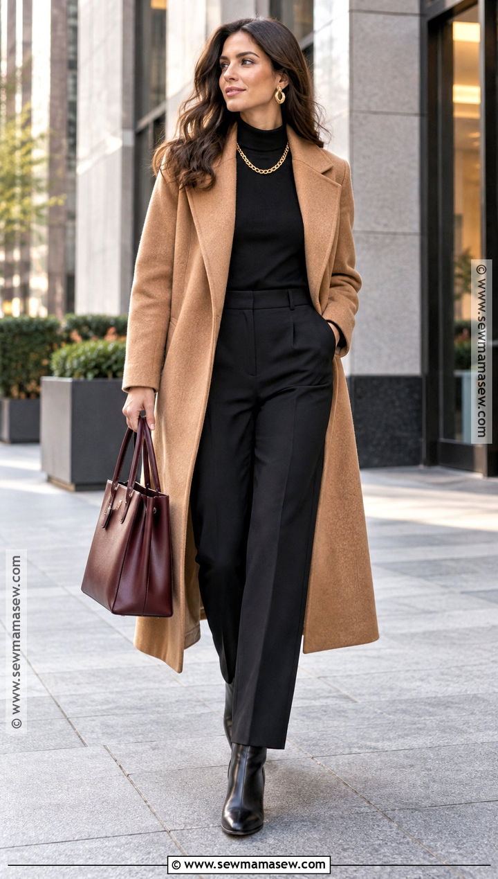 Camel Coat and Black Column Outfit for the Office - 25 fall office outfits for women