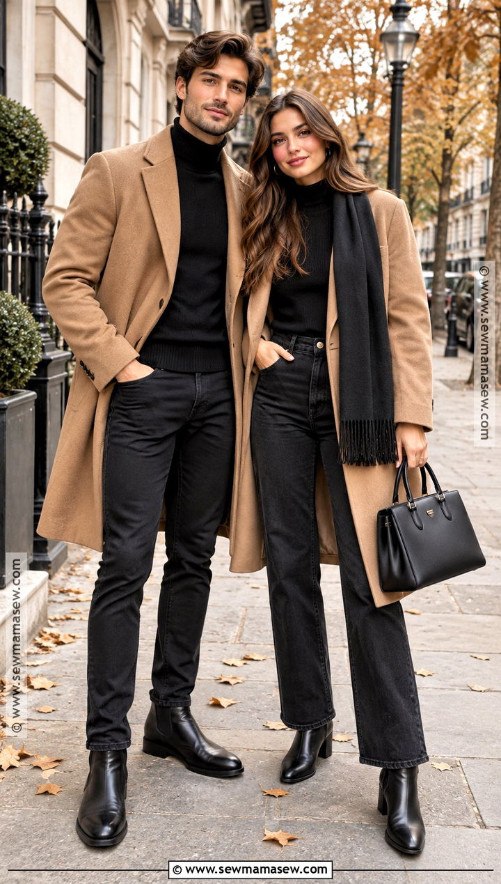 Camel Coat and Black Denim Couple Outfit - 25 matching fall outfits for couples