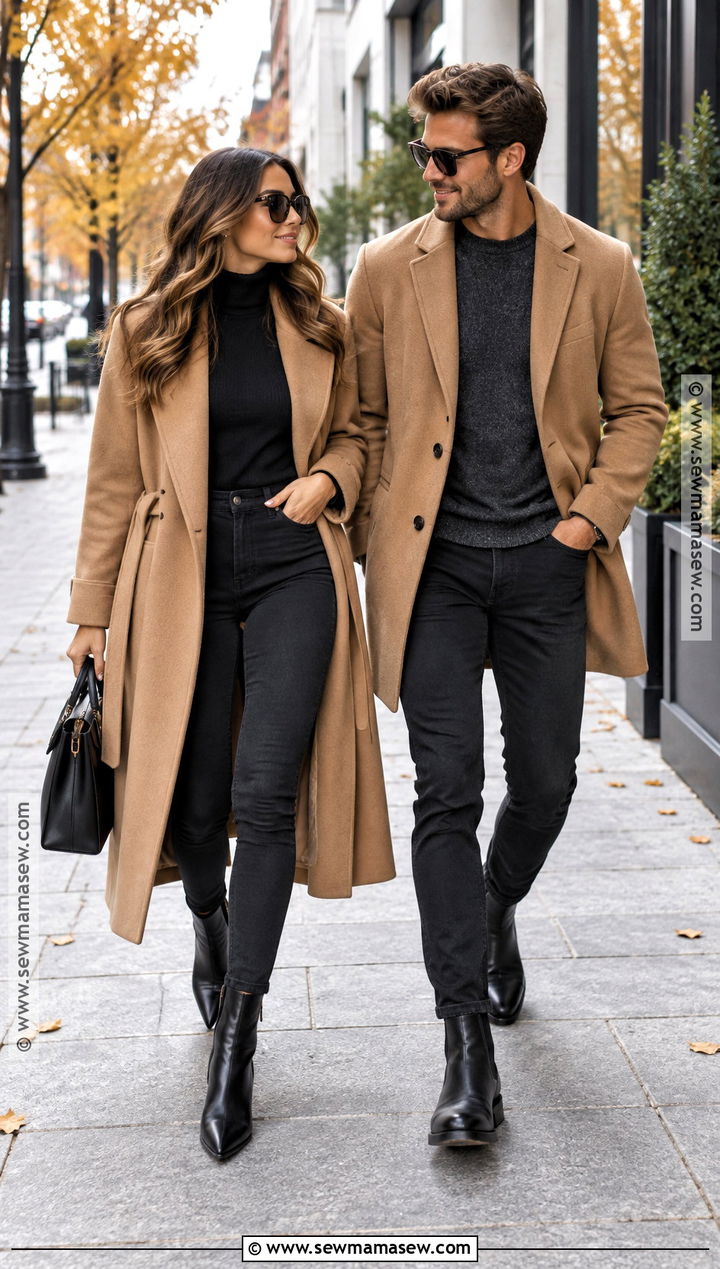 Camel Coat and Black Jeans Fall Couple Outfit - 15 outfit ideas for couples photoshoot fall