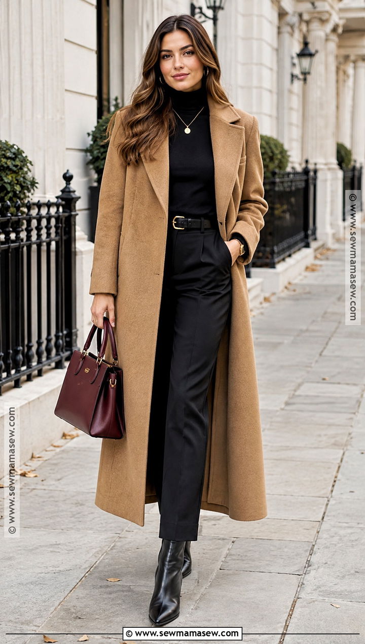 Camel Coat and Black Turtleneck Autumn Outfit - 20 classic autumn outfits