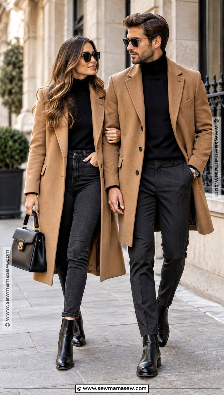 Camel Coat and Black Turtleneck Fall Couple Outfit - 15 fall couple pics outfits