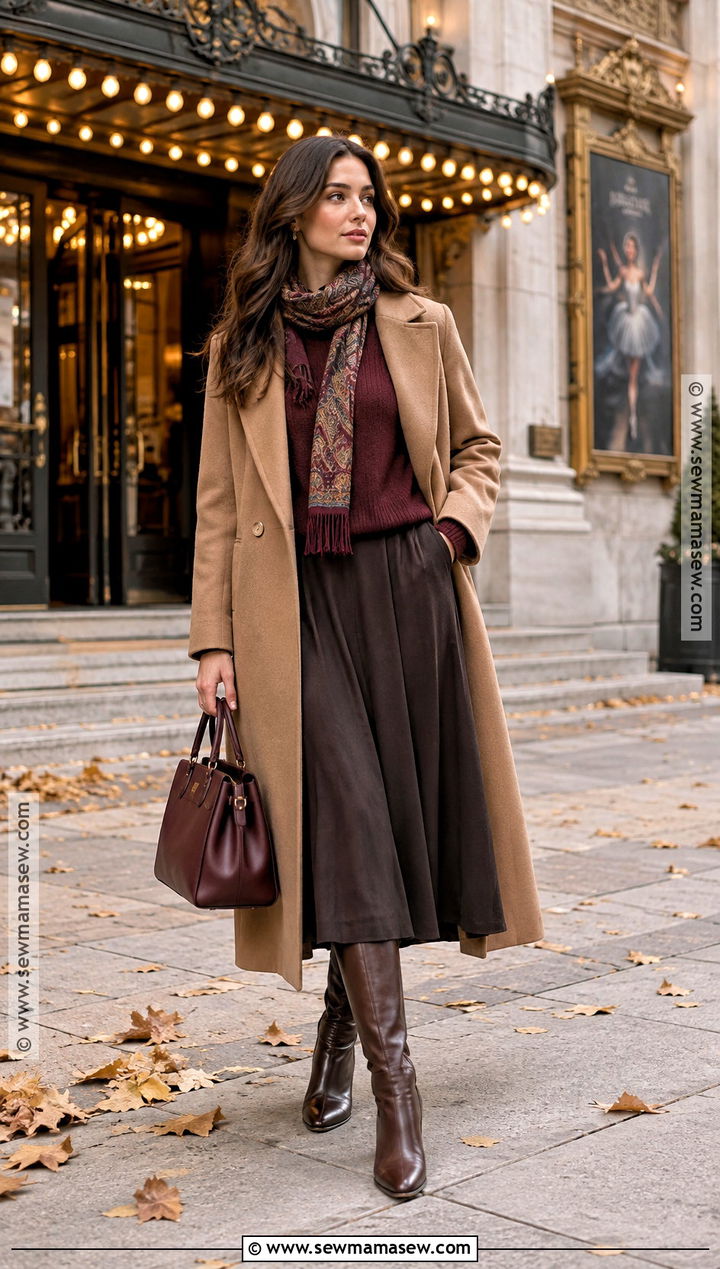 Camel Coat and Burgundy Knit Outfit - 20 Autumn City Break Outfit Ideas