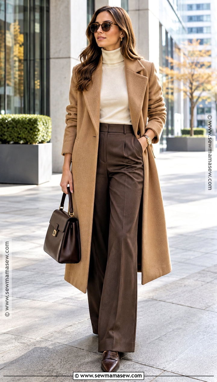 Camel Coat and Espresso Trousers - 15 Fall Fashion Brown Tones Ideas