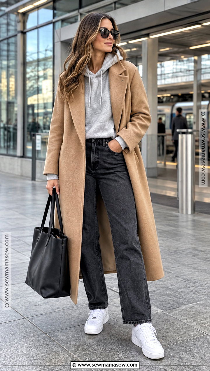 Camel Coat and Hoodie Autumn Outfit - 25 Autumn Aesthetic Cozy Outfit Ideas