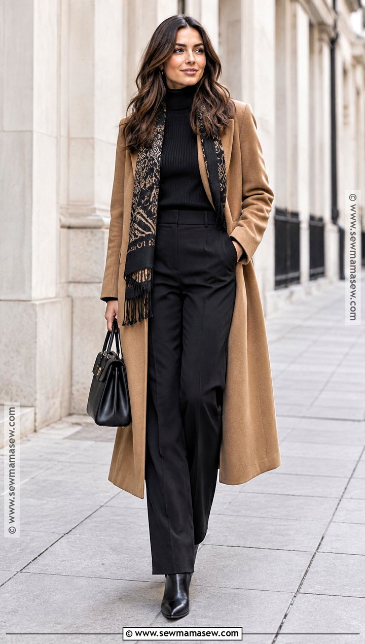 Camel Coat and Monochrome Black Outfit - 25 winter autumn outfits