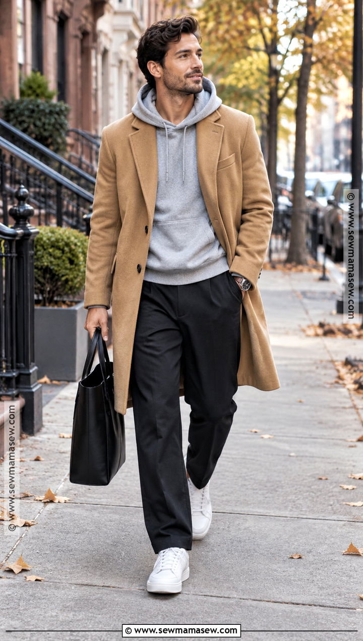 Camel Coat and Sweatshirt Outfit - 25 fall drip outfits for men