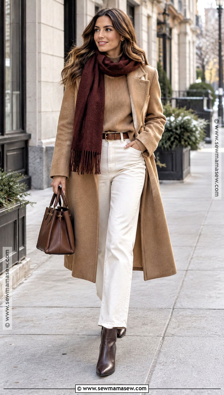 Camel Coat and White Jeans Outfit - 30 fall winter outfits