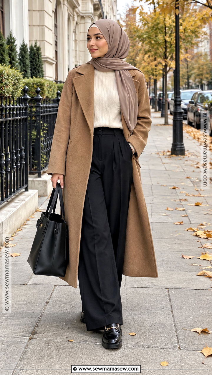 Camel Coat and Wide Leg Pants Hijab Outfit - 25 fall hijab outfits