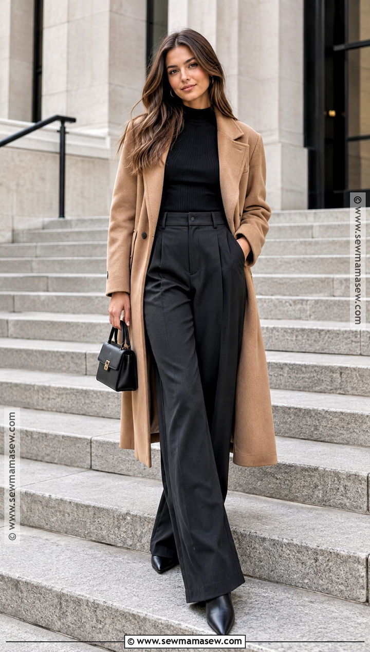Camel Coat and Wide Leg Trousers Senior Picture Outfit - 15 autumn senior pictures outfits