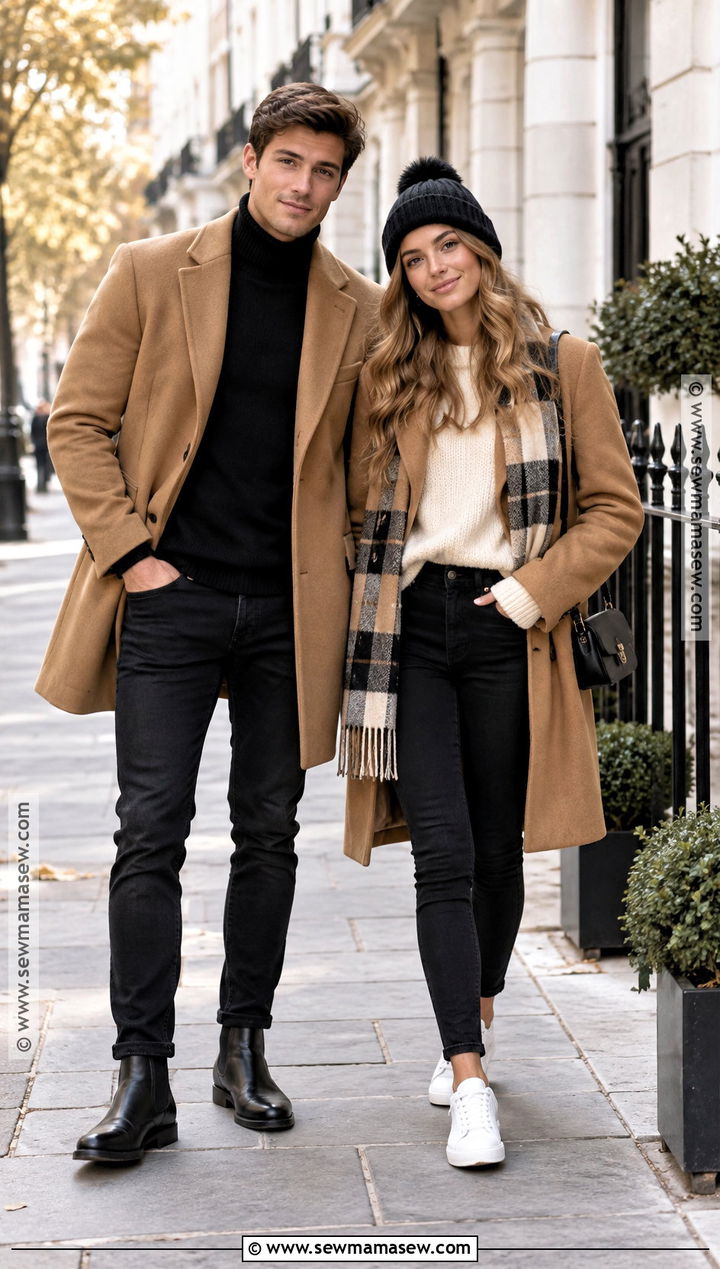 Camel Coats And Black Jeans Sibling Fall Outfit - 15 sibling fall outfits