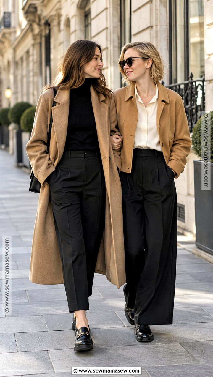 Camel Coats And Black Trousers Couple Outfit - 15 Lesbian Couple Photoshoot Outfits Fall
