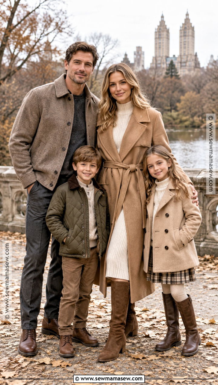 Camel Coats And Neutral Layers Fall Family Photo Outfit - 20 simple fall family photo outfits