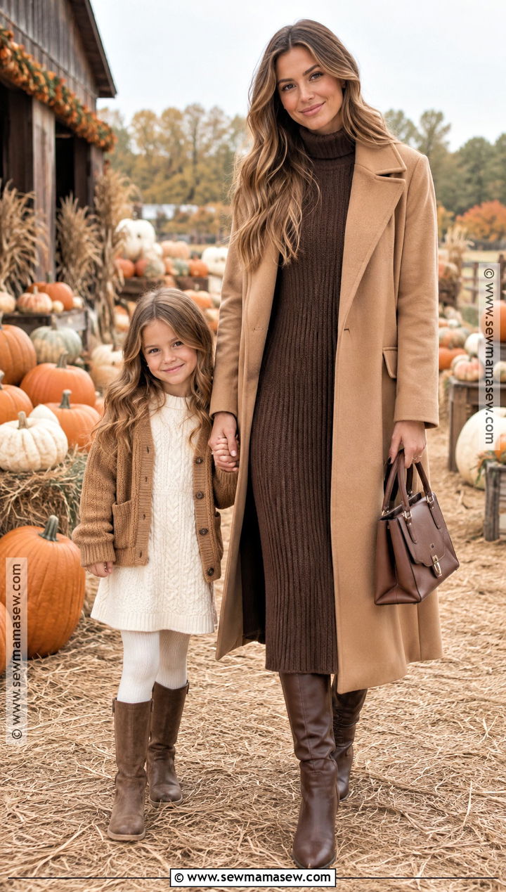 Camel Coats and Knit Dresses Pumpkin Patch Outfit - 15 mom and daughter pumpkin patch outfits