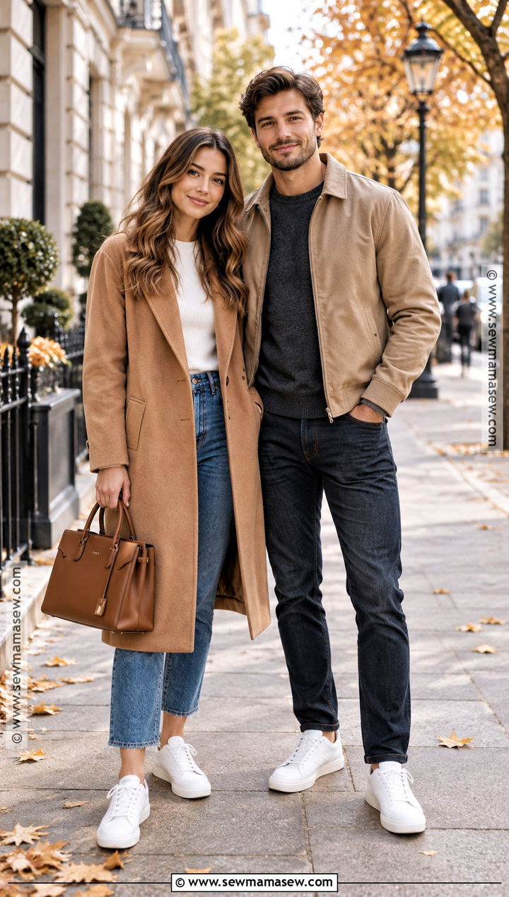 Camel Coats and White Sneakers Couple Outfit - 15 Fall Couple Photos Outfits Casual