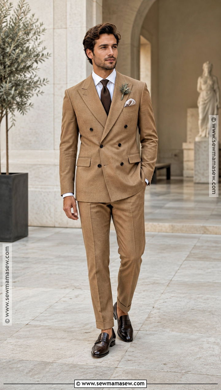 Camel Double Breasted Fall Groom Suit - 15 fall groom wedding attire ideas
