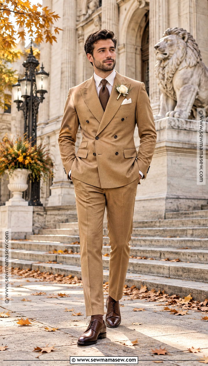 Camel Double Breasted Suit Groom Attire - 25 fall wedding groom attire ideas