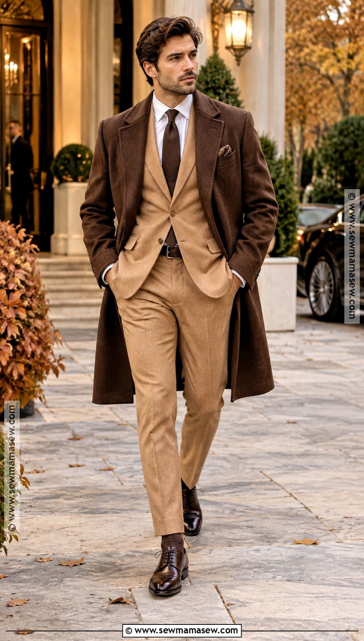 Camel Fall Suit With Dark Brown Overcoat - 15 Formal Mens Fall Fashion Ideas