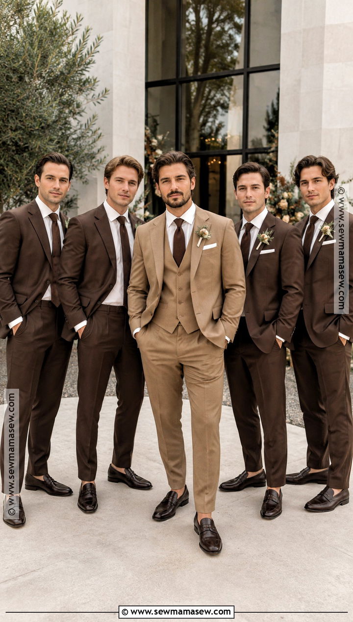 Camel Groom Suit With Chocolate Brown Groomsmen Suits - 15 groom and groomsmen attire fall wedding ideas
