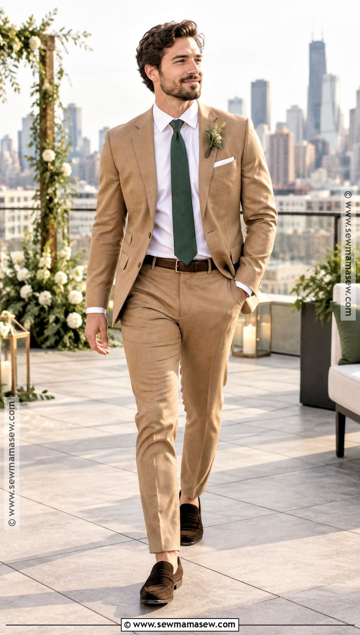 Camel Groom Suit With Forest Green Tie - 20 fall groom attire ideas