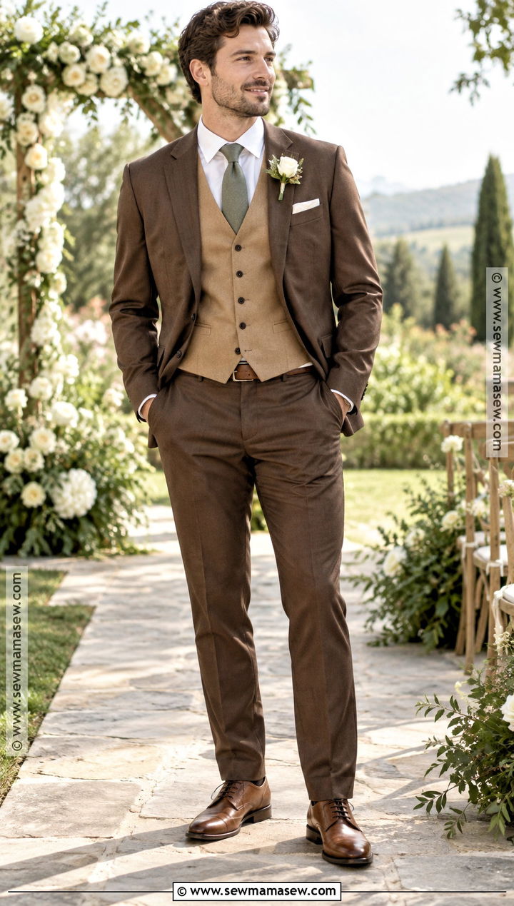 Camel Groom Vest With Cream Shirt - 15 fall groom attire vest ideas