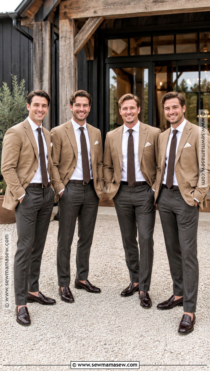 Camel Groomsmen Blazer With Charcoal Trousers - 15 groomsmen attire for fall wedding ideas