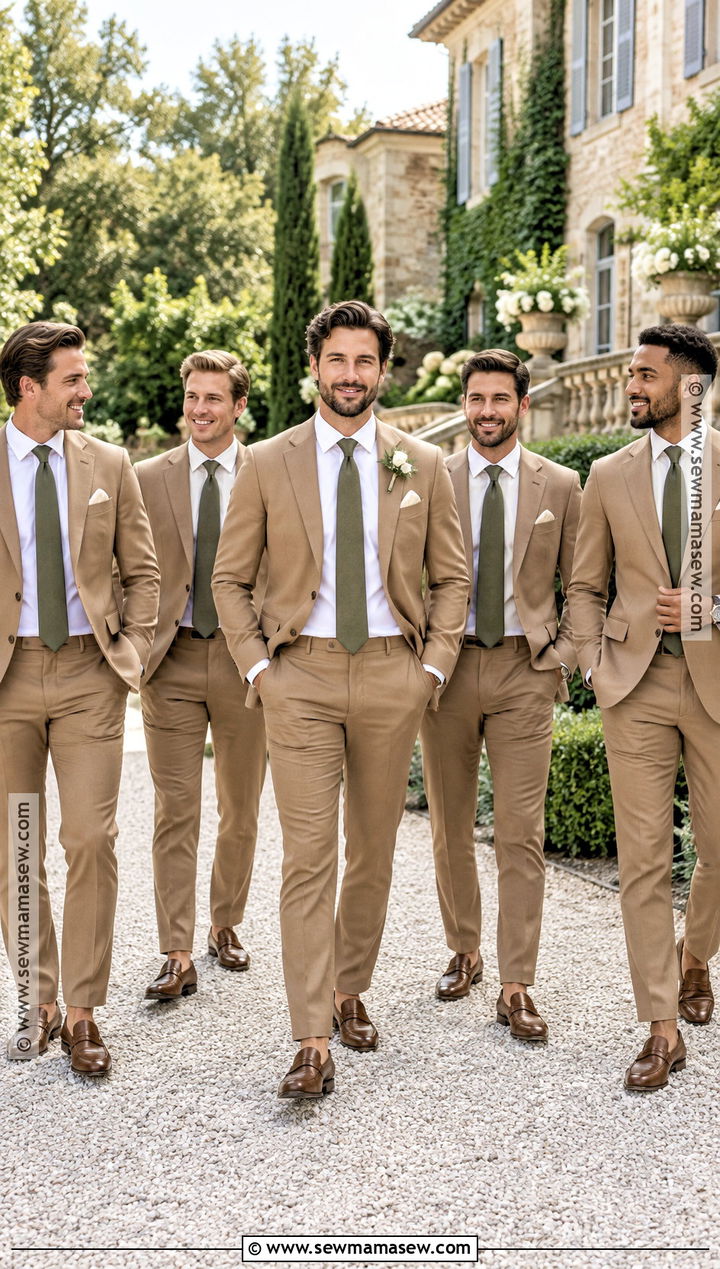 Camel Groomsmen Suit With Olive Tie - 15 groomsmen attire fall wedding color combos