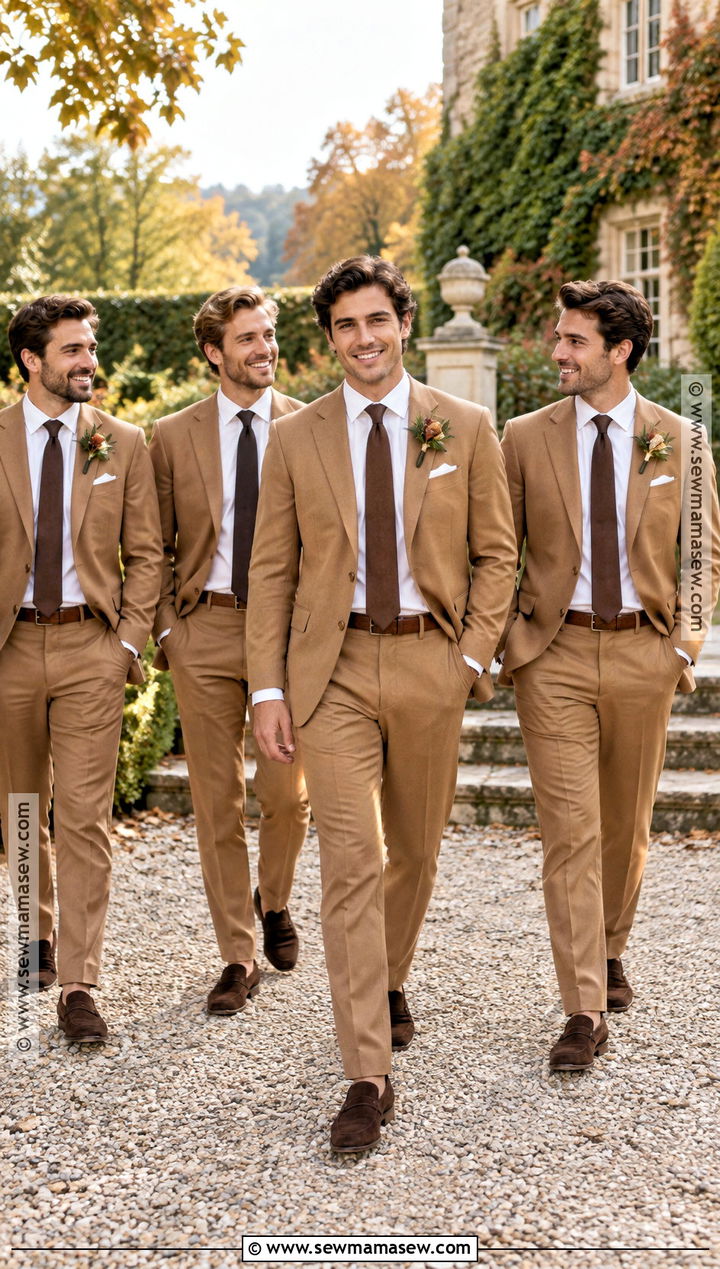Camel Groomsmen Suits With Chocolate Accessories - 15 groomsmen attire autumn wedding ideas